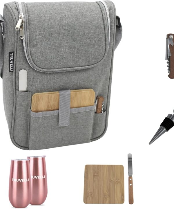 Truvelli Insulated Wine Tote Bag: Portable 2 Bottle Cheese Waterproof Black Canvas Carrier Picnic Kit - Stopper Attachment, Plus Wooden Charcuterie Board