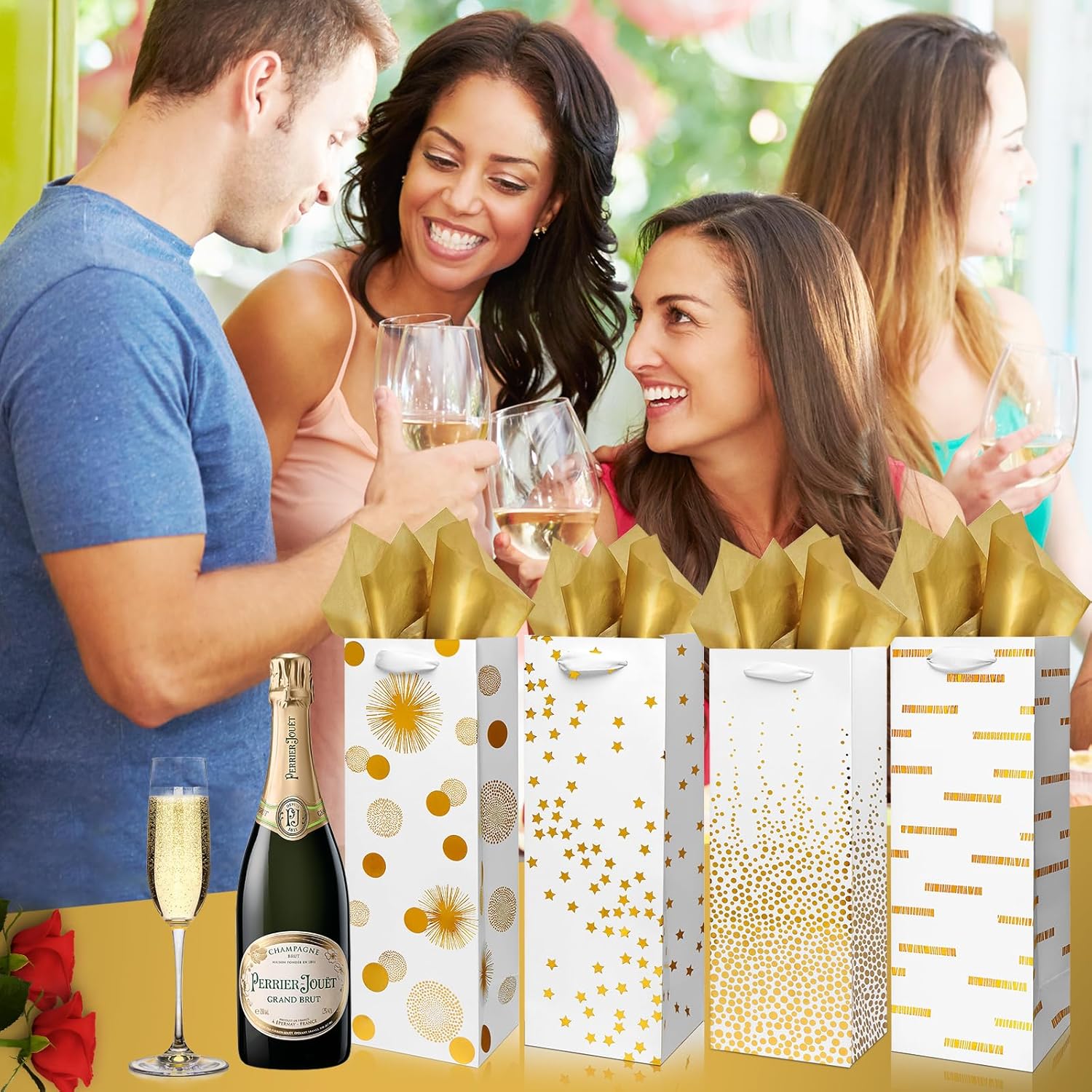 Carnation Wine Bags – 12 Pack Gold Foil Wine Bottle Gift Bags for Special Occasions (14Inch, Gold)