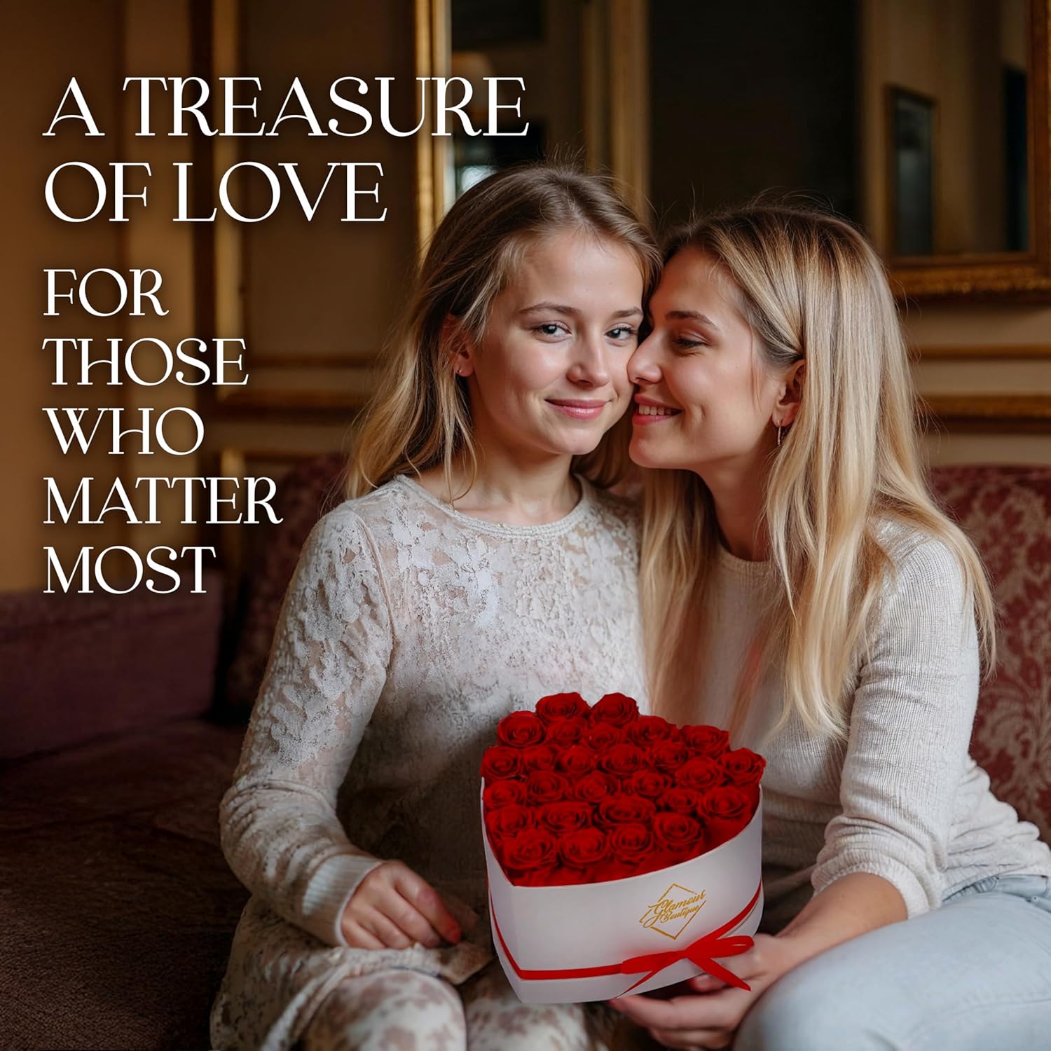 GLAMOUR BOUTIQUE Preserved Roses in a Box – Gifts for Her, Wife & Mom, Rose Flowers Forever Decor for Birthday Gift, Get Well Flower Bouquet Cased in White Box with Cover – Red – 27-Piece