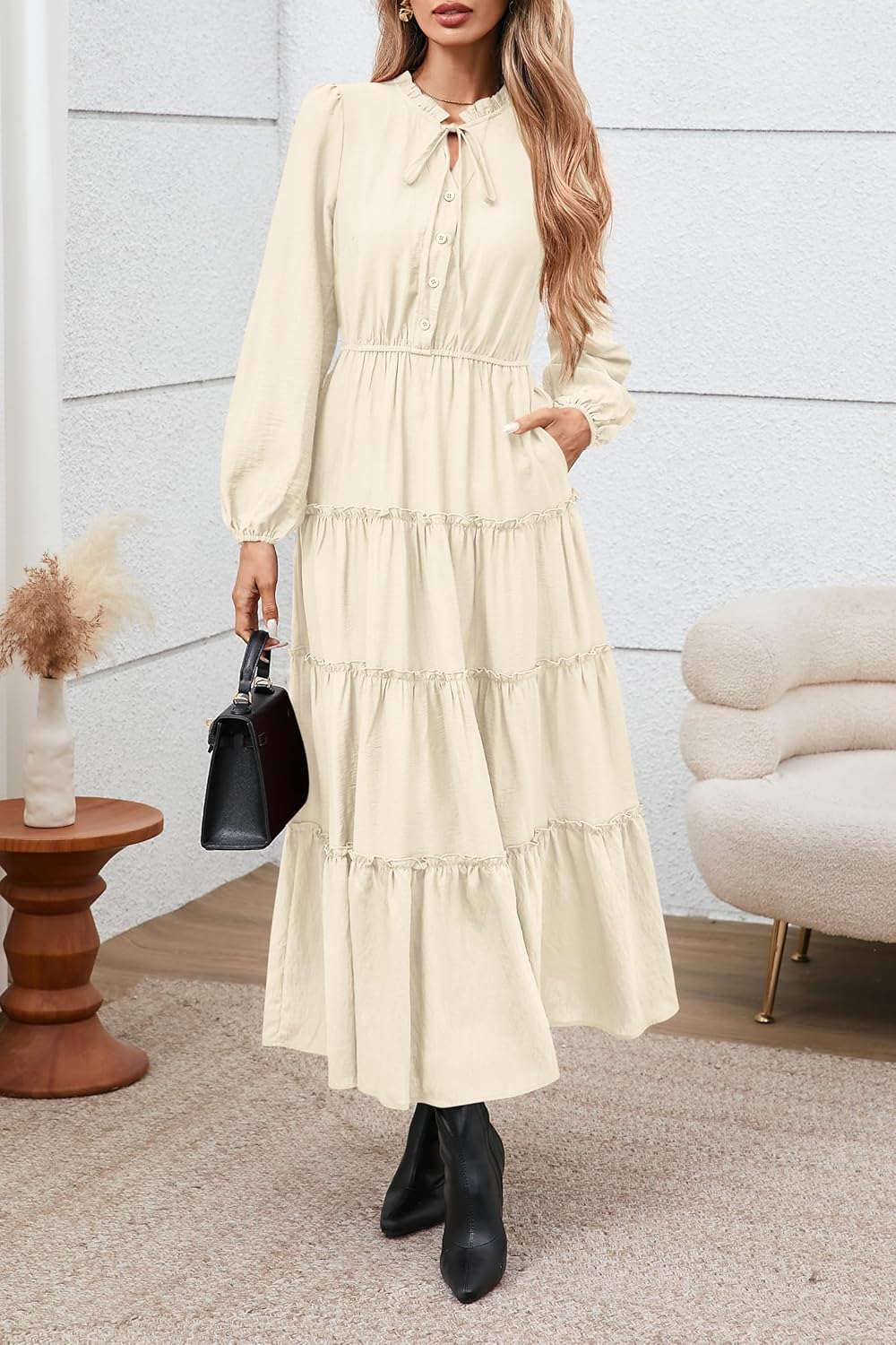 MASCOMODA Fall Long Sleeve Maxi Dresses for Women 2025 Casual Boho Button Ruffle Neck Tiered A Line Flowy Wedding Guest Dress