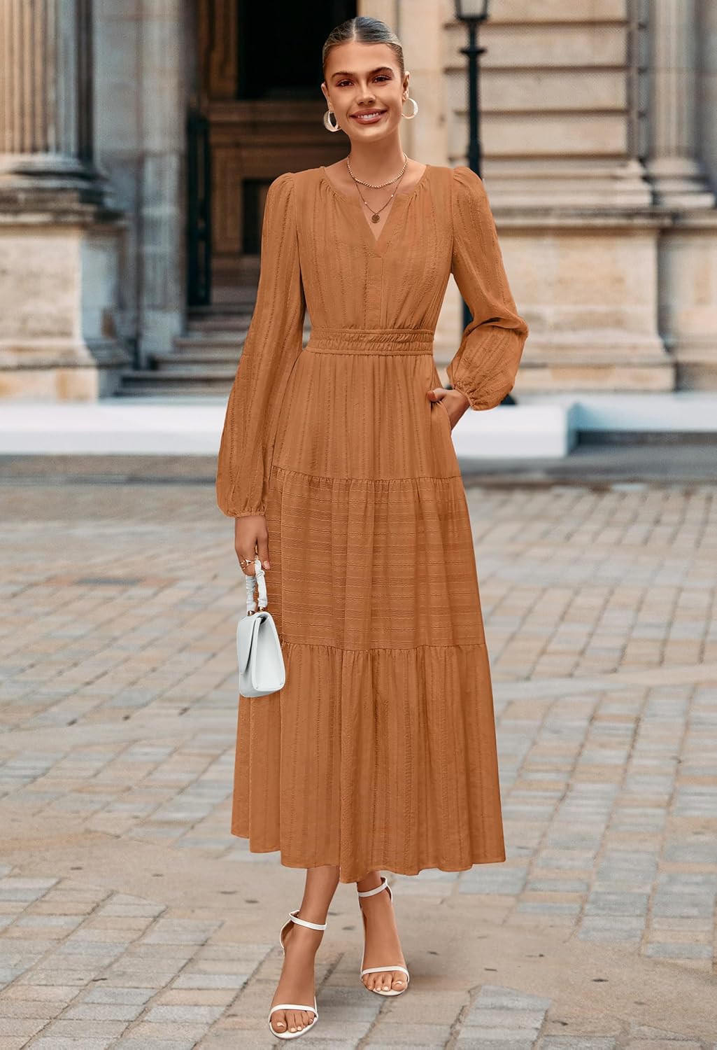 MEROKEETY Fall Dresses for Women 2025 Winter Long Sleeve Casual V Neck Tiered Cotton Midi Maxi Dress Pockets