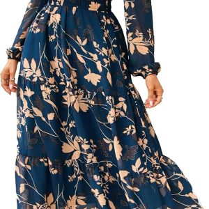 Simplee Women's Floral Boho Long Sleeve Maxi Dress V Neck Empire Waist Swing Flowy Wedding Guest Dress