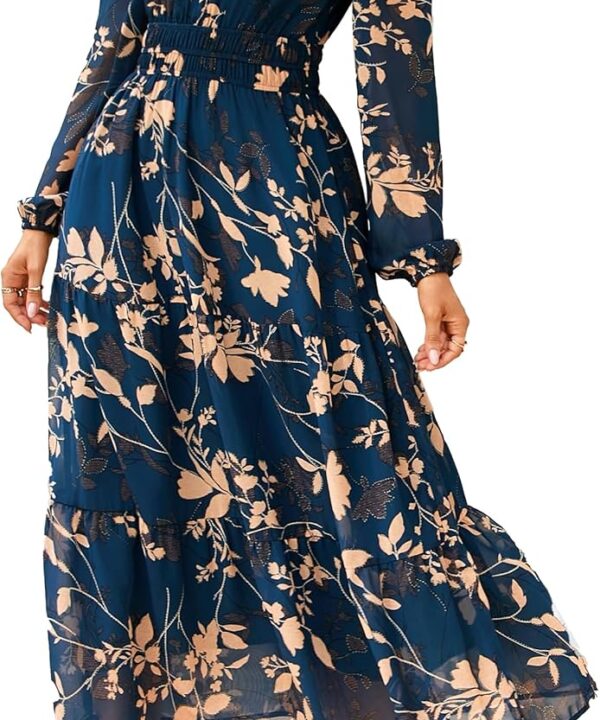 Simplee Women's Floral Boho Long Sleeve Maxi Dress V Neck Empire Waist Swing Flowy Wedding Guest Dress