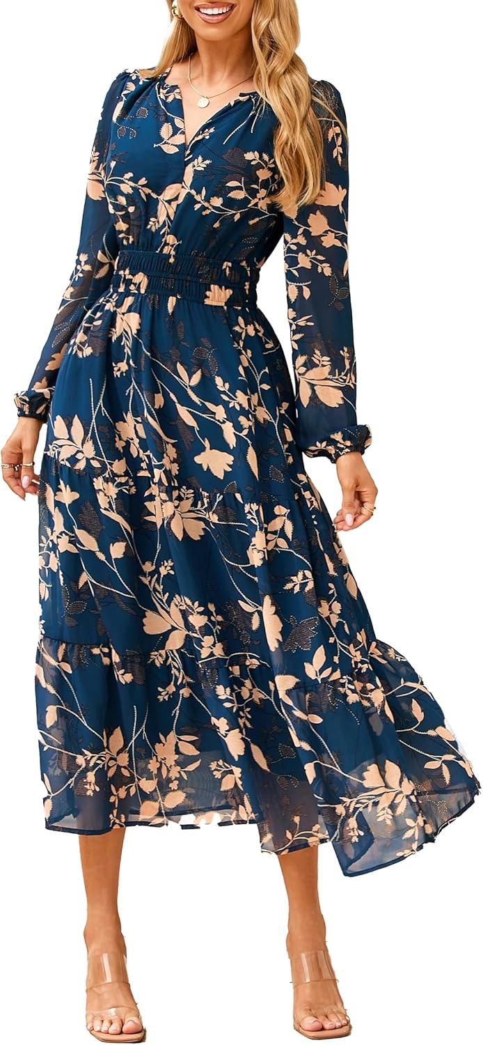 Simplee Women's Floral Boho Long Sleeve Maxi Dress V Neck Empire Waist Swing Flowy Wedding Guest Dress