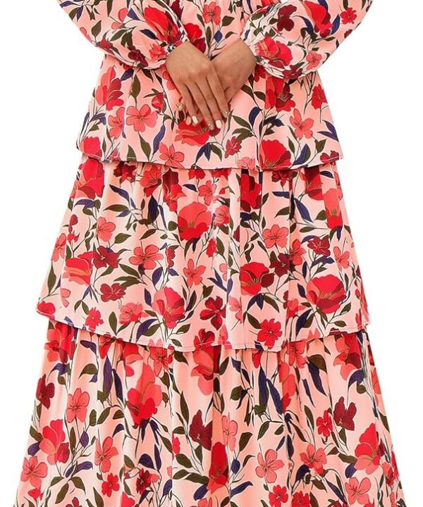 BTFBM Fall Dresses for Women 2025 Floral Long Sleeve Smocked Square Neck Casual Ruffle Tiered Flowy Wedding Guest Dress