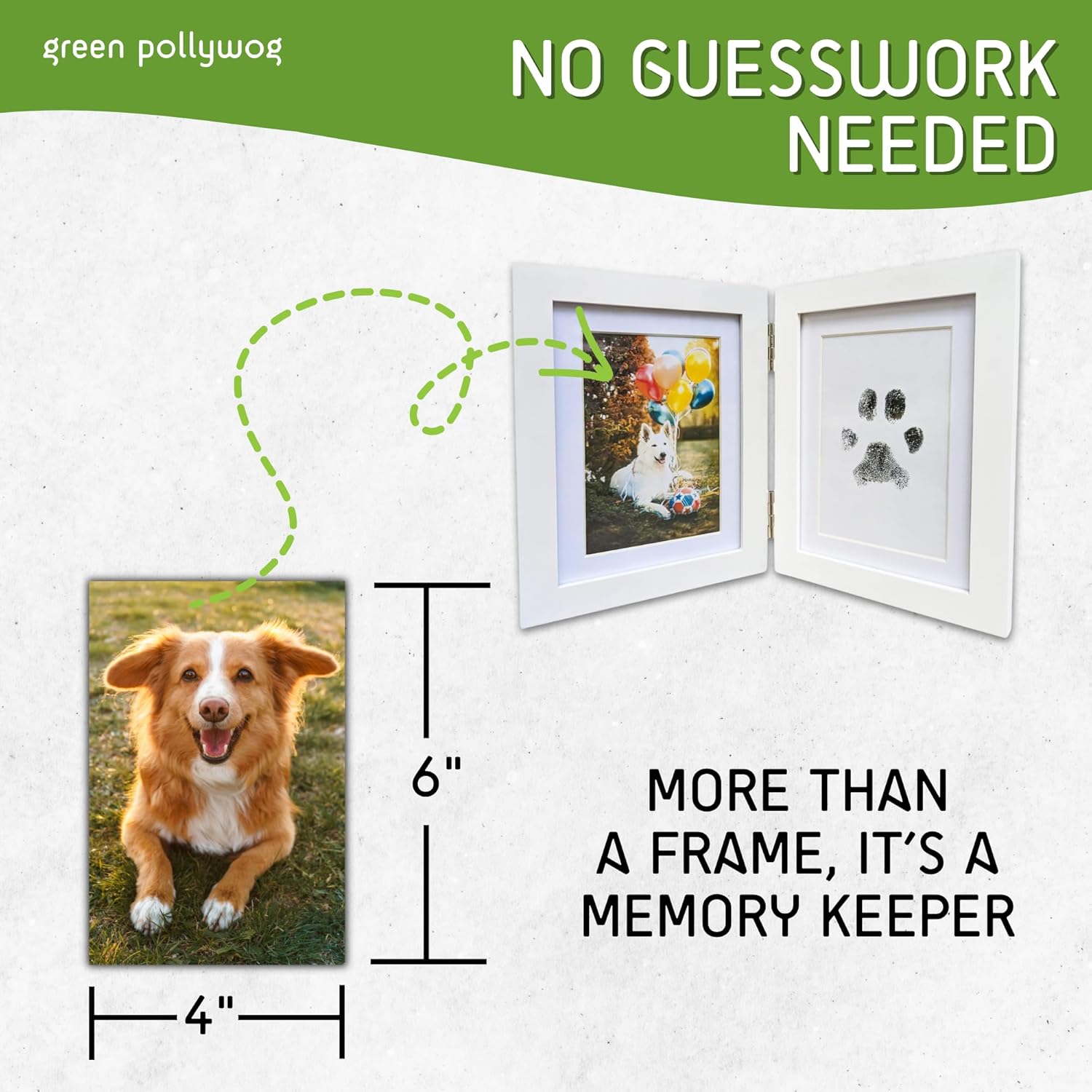 Green Pollywog | Paw Print Pet Keepsake Hinge Photo Frame + Ink Pad Kit | Dog Paw Print Kit | Extra-Large Ink Pad Included | 4 x 6 Picture Openings