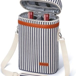 2 Bottle Wine Bag Wine Cooler Carrier Wine Gift Tote Bag, Leakproof & Insulated Bottle Bags for Travel, BYOB, Beach, Dinner, Party, Christmas Gifts for Wines Lovers Women Men - Navy Stripe