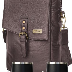 Insulated Leather Wine Bag & 2 Wine Tumblers Set. Leather Wine Bottle Carrier Tote. Wine Gifts For Men. Picnic Bag, Beach Wine Cooler Bag. Airplane Travel Byo Wine Carrier Case Couples Gift