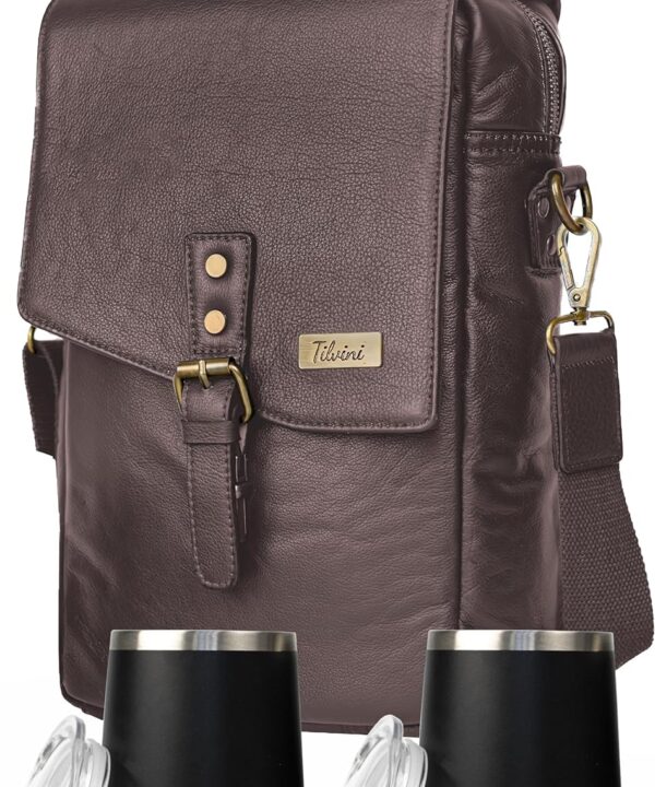 Insulated Leather Wine Bag & 2 Wine Tumblers Set. Leather Wine Bottle Carrier Tote. Wine Gifts For Men. Picnic Bag, Beach Wine Cooler Bag. Airplane Travel Byo Wine Carrier Case Couples Gift