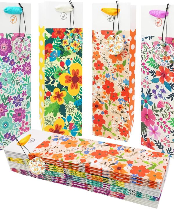 ANZON MORIES 12-Packs Polka Dot Floral Wine Gift Bags with Handle and Tags, Paper Single Bottle Carry Bag 4 colors Bulk, 13.4x3.9x3.9 Perfect for Christmas, Birthday, Anniversary, Wedding, Santa