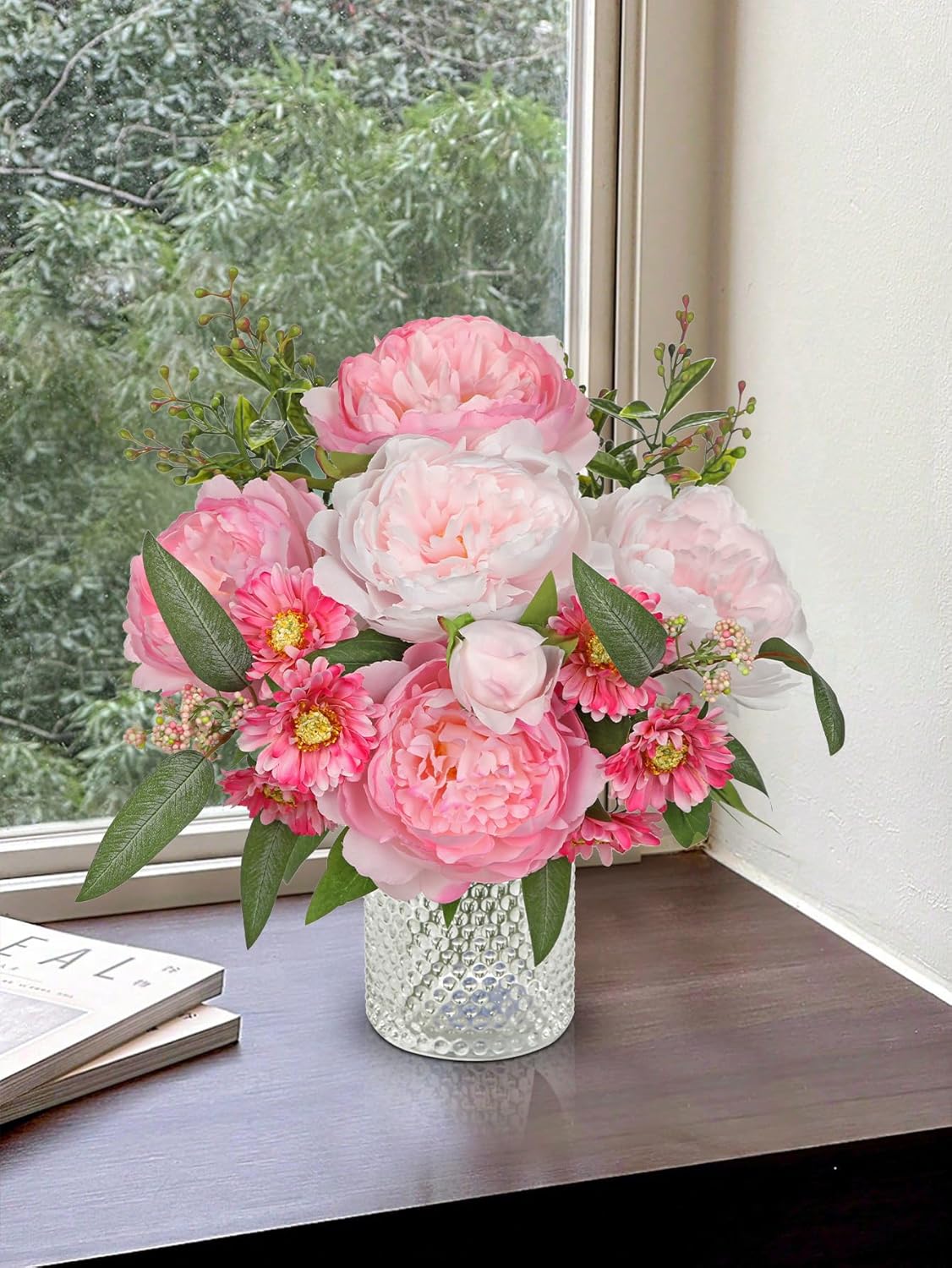 10PCS Hot Pink Flowers Artificial Peonies Silk Flowers with Stems Realistic Faux Peony and Daisies Fake Flowers for Vase Floral Centerpiece Arrangements Wedding DIY Bridal Bouquet Party Home Decor