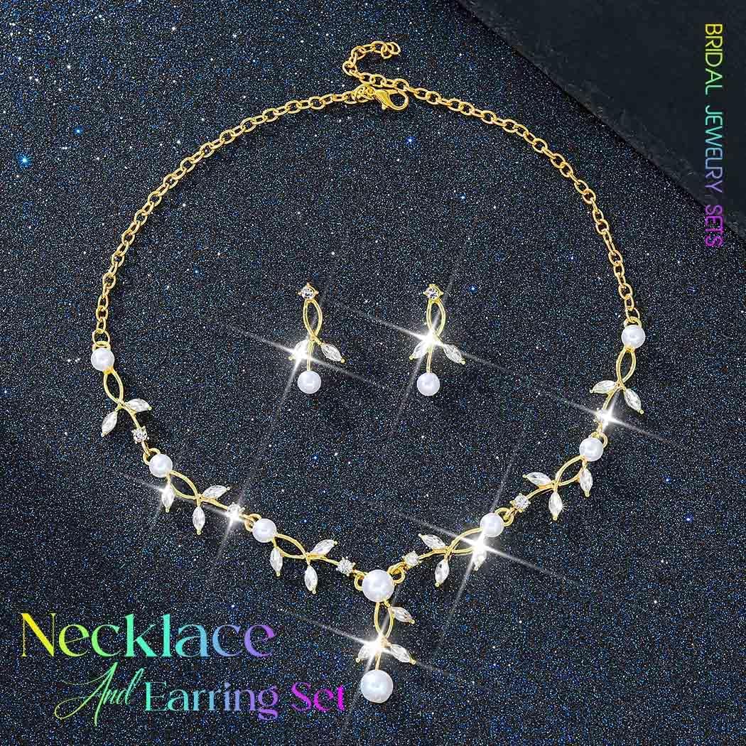 Unicra Gold Pearl Necklace Earrings Sets Rhinestone Bridal Wedding Jewelry Set Formal Prom Costume Jewelry Sets for Women and Brides