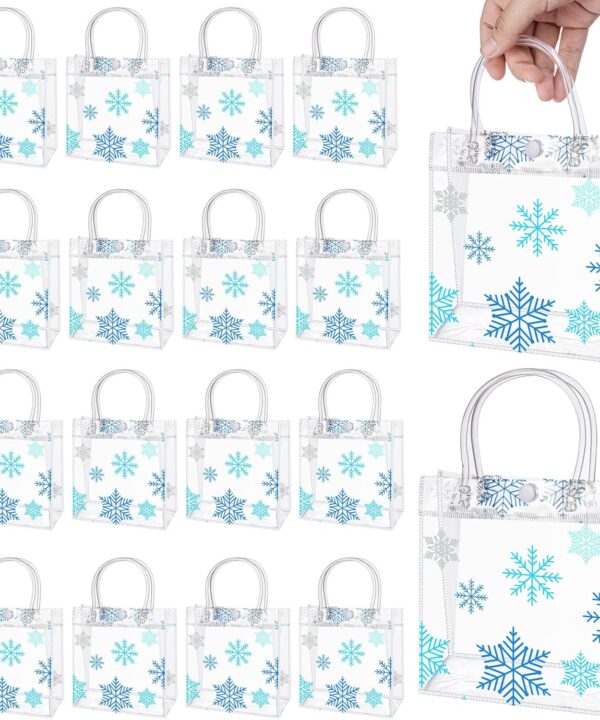 Sweetude 50 Pieces Christmas Snowflake Clear Gift Bags Party Favor Bag with Handles Gift Bags Plastic Winter Wine Gift Tote Bags for Birthday Wedding Party Supplies(Blue,6.3 x 5.91 x 3.15 Inches)