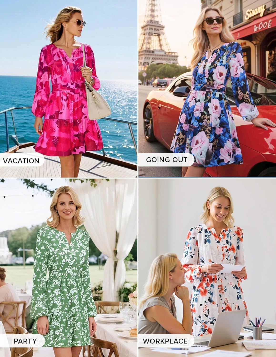 ZESICA Fall Wedding Guest Dresses for Women 2025 Casual Long Sleeve Floral Boho V Neck A-Line Mini Dress with Pockets