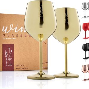 Gusto Nostro Stainless Steel Wine Glass - 18 oz Unbreakable Gold Wine Glasses for Travel, Camping and Pool - Fancy, Unique and Cute Portable Metal Wine Glass for Outdoor Events, Picnics (Set of 2)