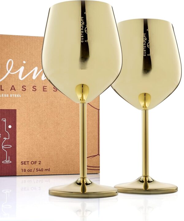 Gusto Nostro Stainless Steel Wine Glass - 18 oz Unbreakable Gold Wine Glasses for Travel, Camping and Pool - Fancy, Unique and Cute Portable Metal Wine Glass for Outdoor Events, Picnics (Set of 2)