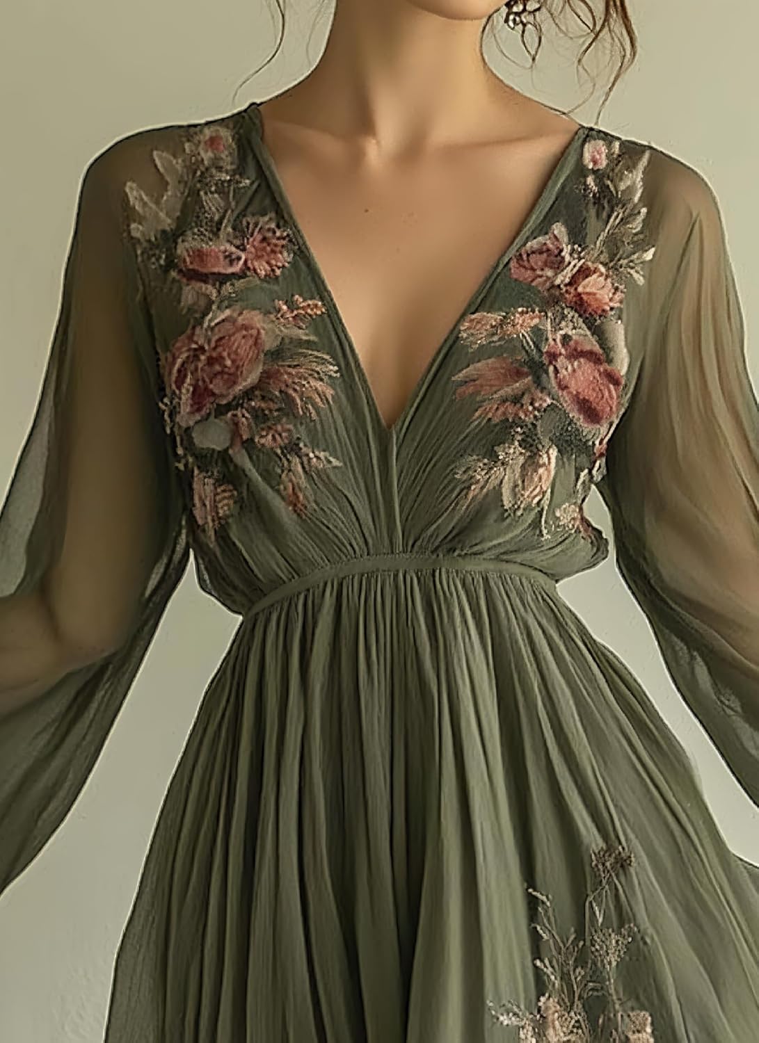 Womens Green Tulle Floral Beach Cover Up Sundresses with Belt Long Sleeves V Neck Summer Ruffle Tiered Dresses