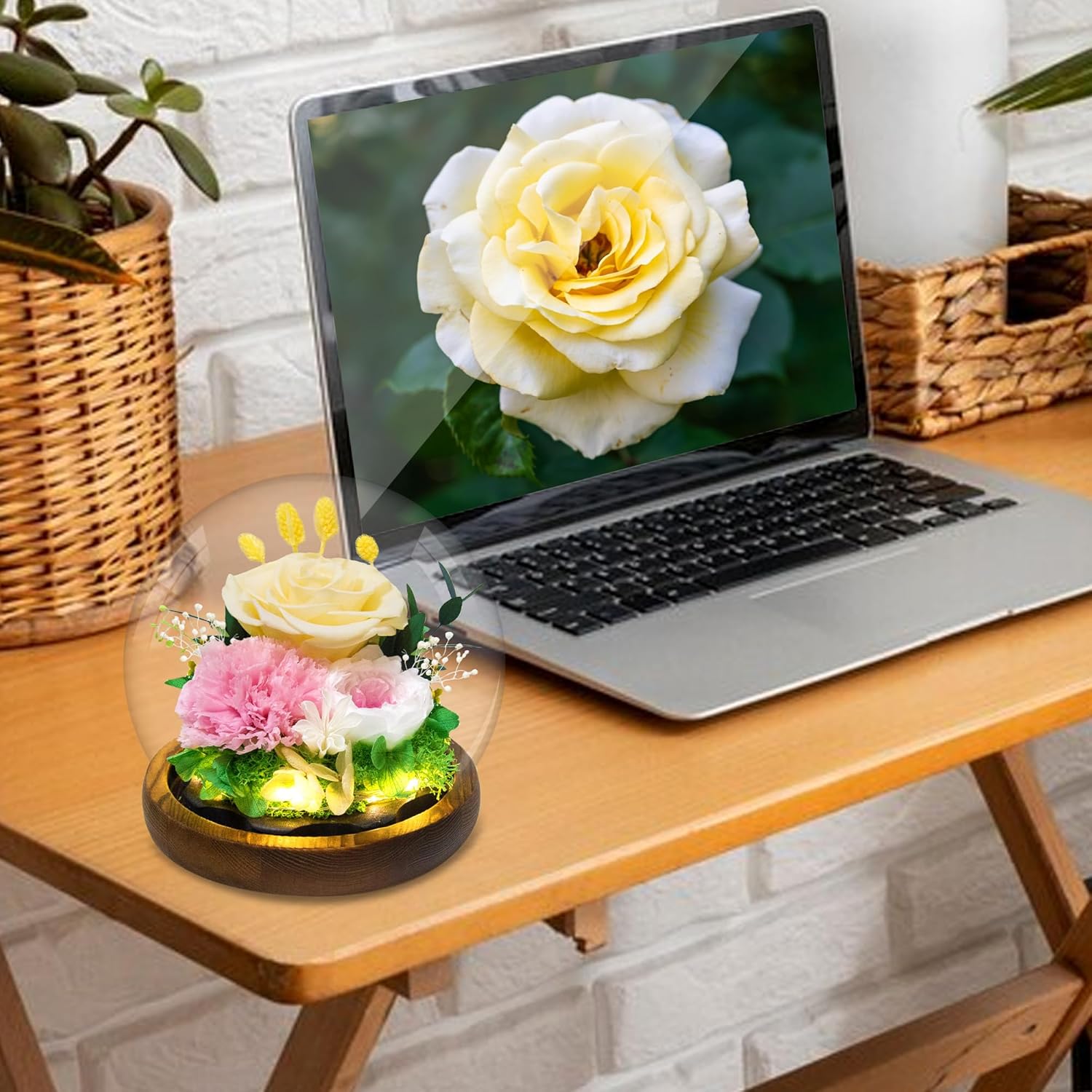 Yellow Rose Gifts for Womens for Mom Wife Girlfriend Mom – Preserved Real Rose in Glass Dome with LED Strip, Forever Flowers for Delivery on Birthday Anniversary