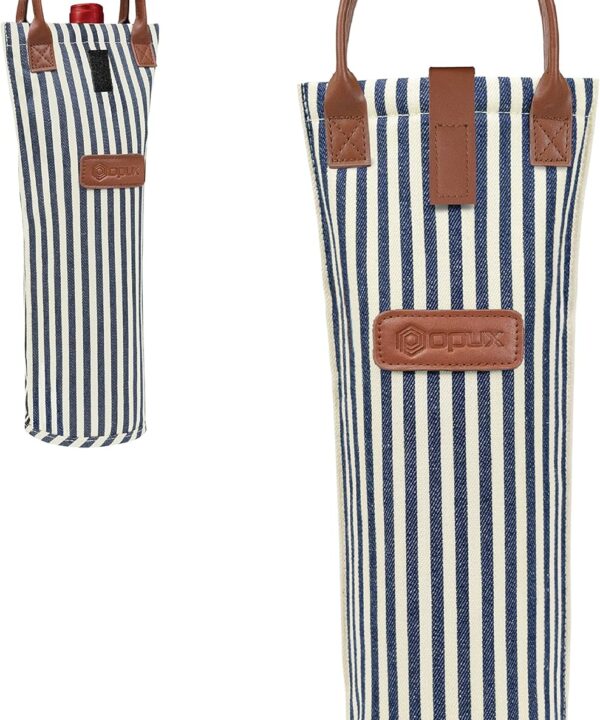 opux Wine Bag Single Bottle Carrier Tote, Insulated Travel Wine Cooler Bag for Picnic Beach Gift, Thermal Padded Portable One Bottle Holder Carrying Case for Women Men Wine Lovers, Navy White Stripes