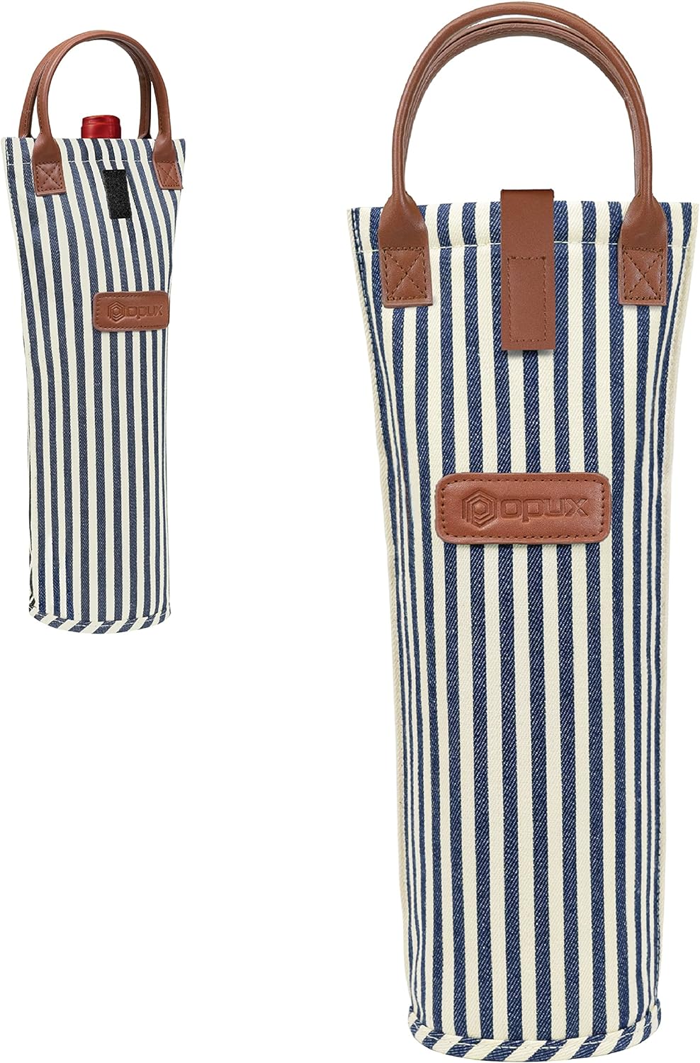 opux Wine Bag Single Bottle Carrier Tote, Insulated Travel Wine Cooler Bag for Picnic Beach Gift, Thermal Padded Portable One Bottle Holder Carrying Case for Women Men Wine Lovers, Navy White Stripes