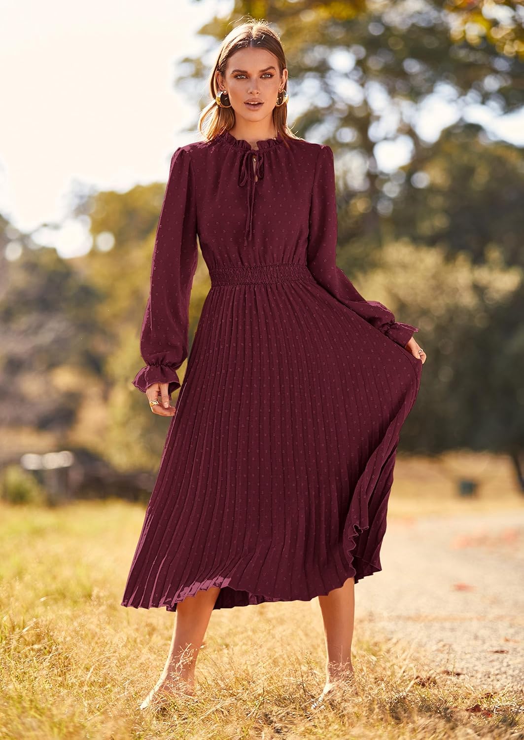 PRETTYGARDEN Womens 2025 Spring Fall Midi Dress Casual Long Sleeve V Neck Swiss Dot Pleated A Line Flowy Dresses