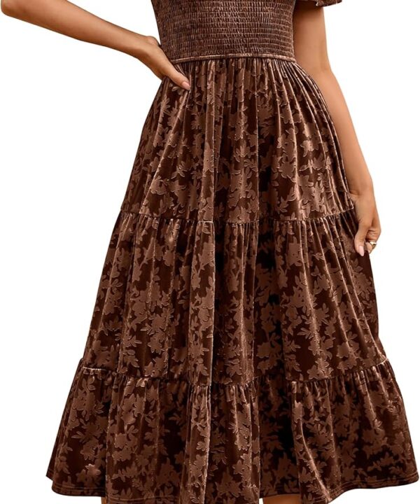 Simplee Velvet Dress for Women Semi Formal Short Sleeve Floral Smocked Empire Waist Fall Winter Wedding Guest Dresses