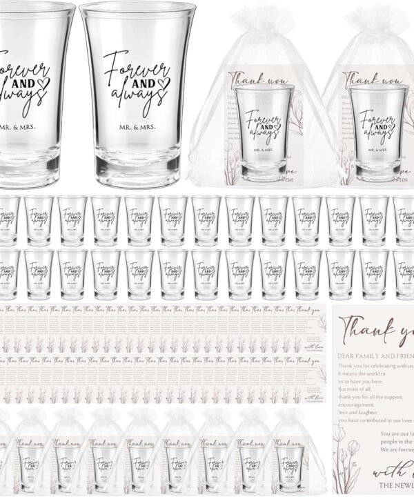 50 Set Wedding Favors for Guests Wedding Shot Glasses Forever and Always Acrylic Clear Mr and Mrs Wine Glasses with Thank You Card Organza Bag Bridal Shower Souvenirs Gift