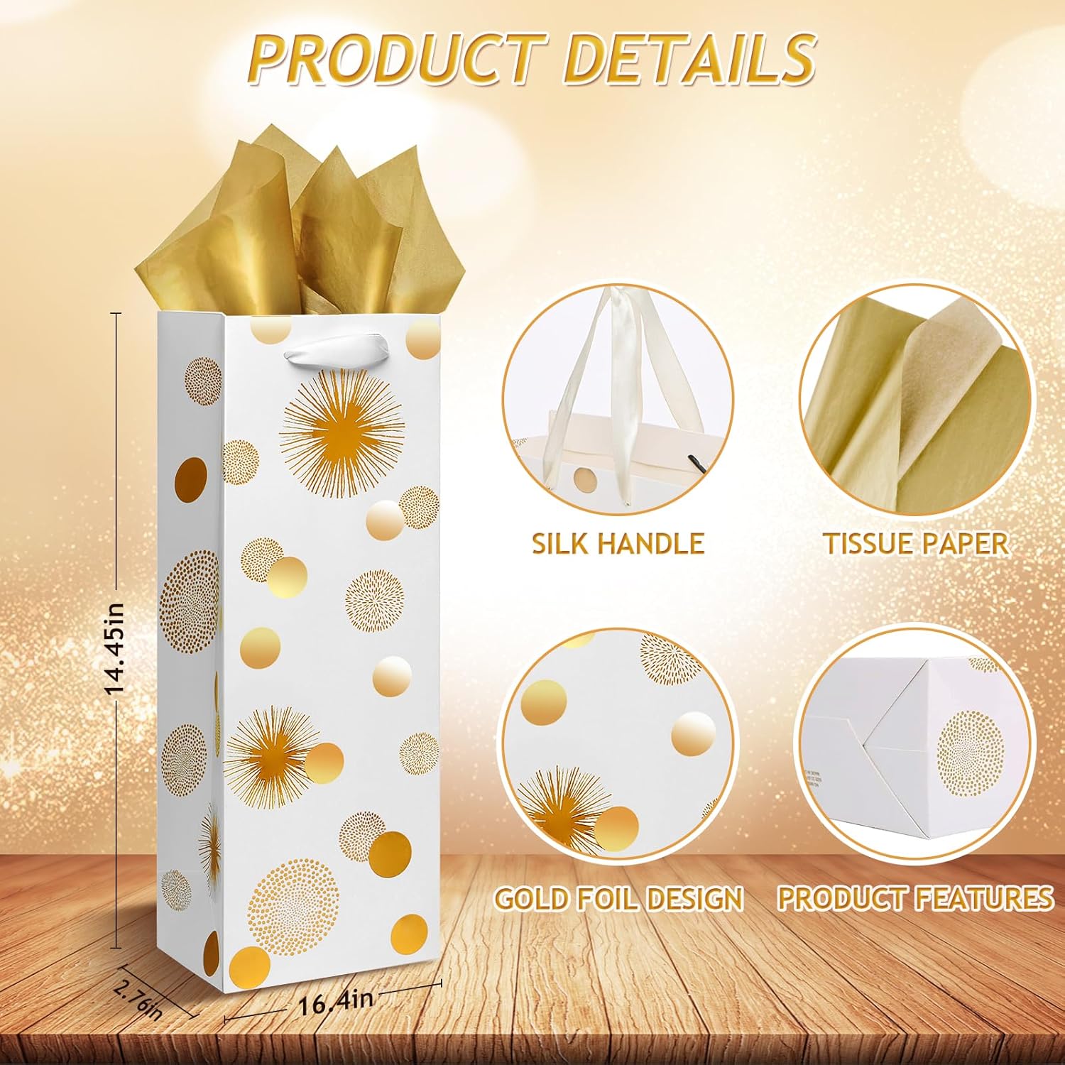 Carnation Wine Bags – 12 Pack Gold Foil Wine Bottle Gift Bags for Special Occasions (14Inch, Gold)