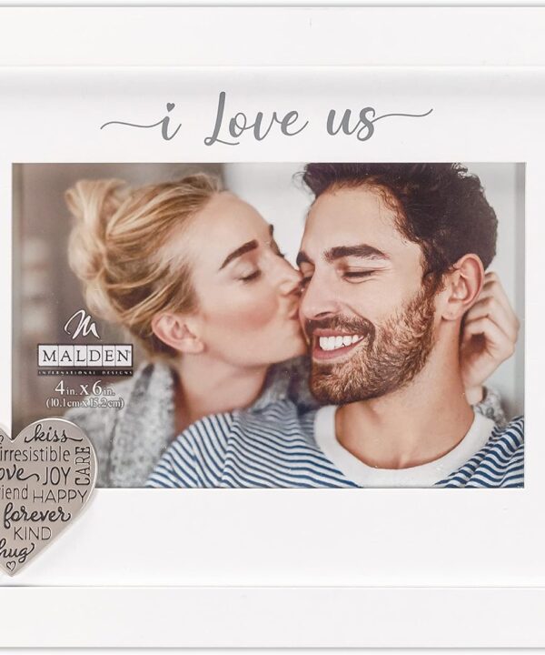 Malden International Designs 4x6 I Love Us Picture Frame Raised White Outer MDF Wood Moulding White Wood Grain Finish Mat With Gray Screenprinted Text Silver Finish Metal Heart Attachment