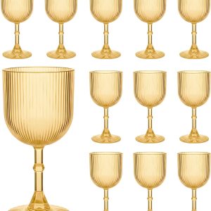 Gold Plastic Wine Glasses 9oz Set of 12, Ribbed Vintage Goblets Unbreakable Reusable BPA-Free Stemmed Drinking Glasses for Parties, Weddings & Events