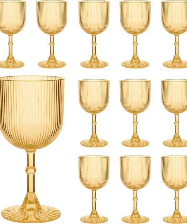 Gold Plastic Wine Glasses 9oz Set of 12, Ribbed Vintage Goblets Unbreakable Reusable BPA-Free Stemmed Drinking Glasses for Parties, Weddings & Events