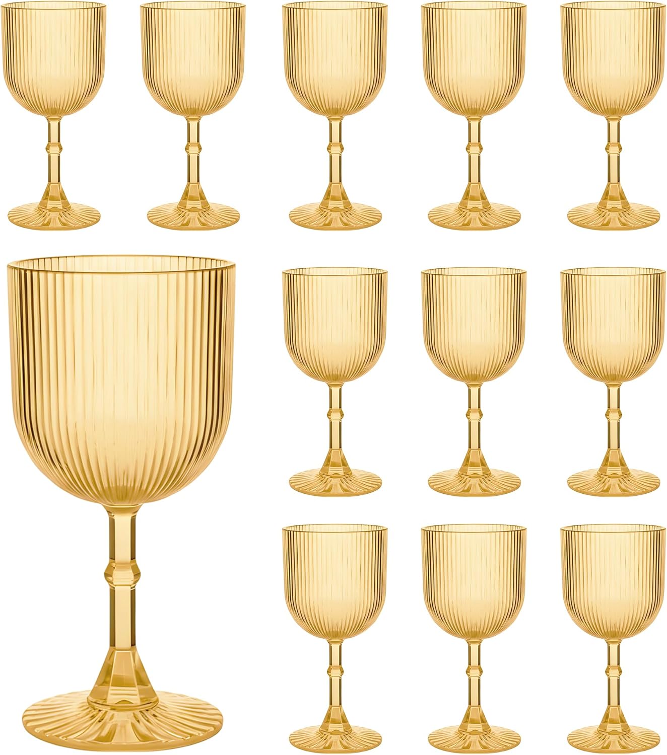 Gold Plastic Wine Glasses 9oz Set of 12, Ribbed Vintage Goblets Unbreakable Reusable BPA-Free Stemmed Drinking Glasses for Parties, Weddings & Events