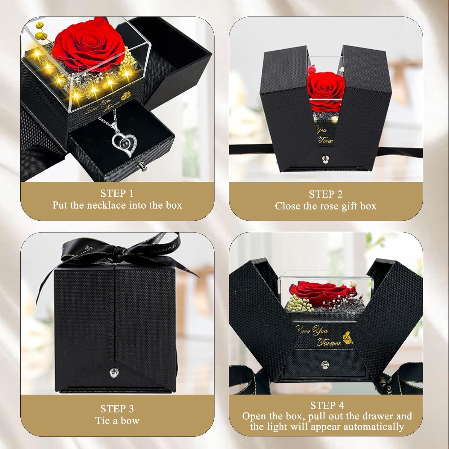 Preserved Real Rose-Eternal Flowers Rose Mothers Day for Mom Women Her Wife Girlfriend on Birthday Valentines with I Love You Necklace 100 Languages Romantic Gift