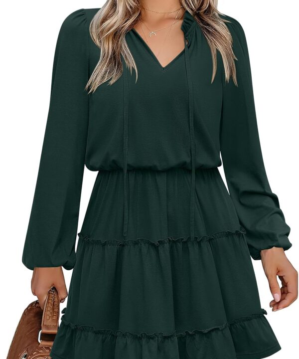 Caracilia Long Sleeve Dress for Women Fall 2025 Casual V Neck High Waist Tiered Ruffle Aline Swing Tunic Short Mini Dresses