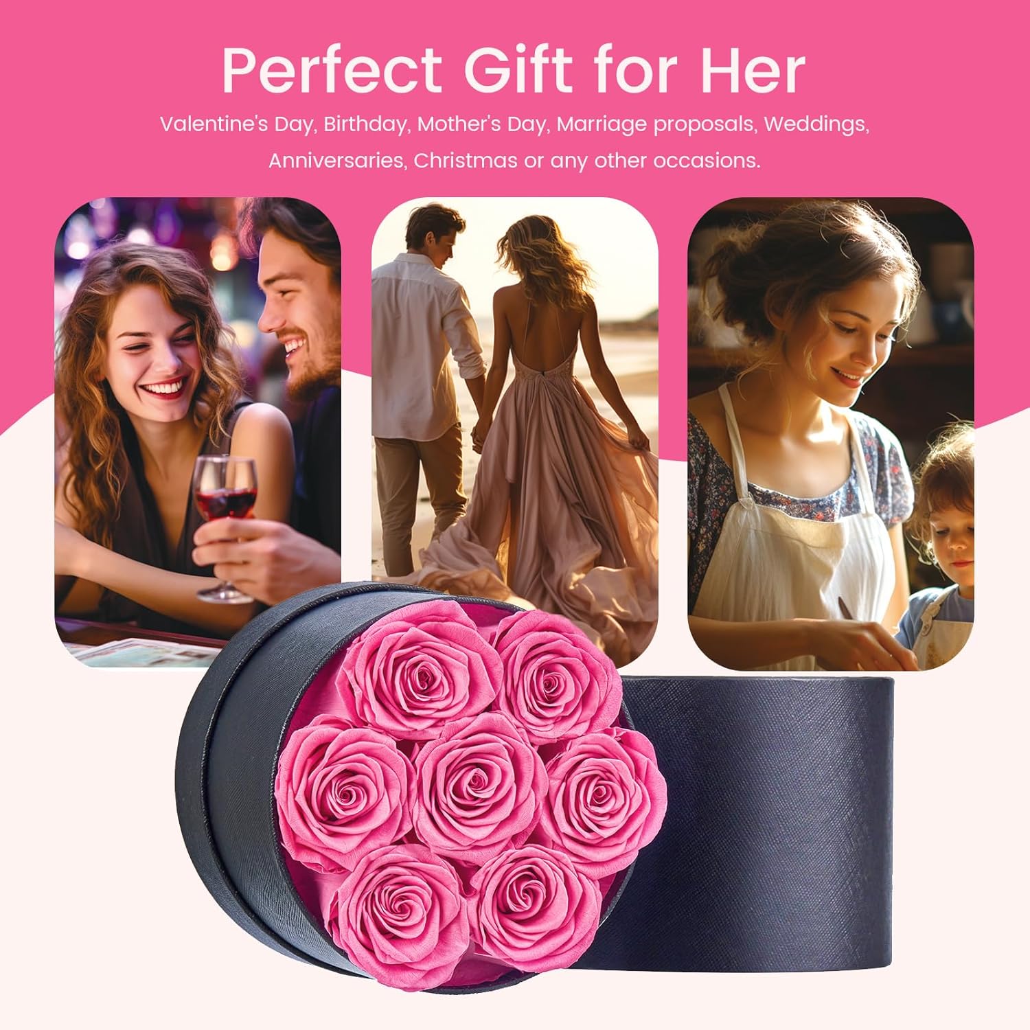 Beaulasting Long Lasting Preserved Roses in a Box Last a Year Forever Flowers for Her Mom Wife Anniversary Birthday (Round Black Box, Pink)