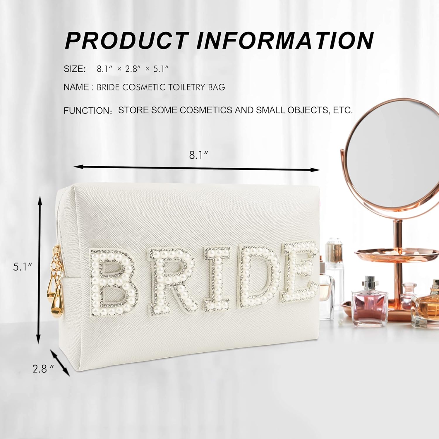 Bride Patch Letter Makeup Bag for Women Bridesmaid Engagement Gift for Her White Pearl Rhinestone Travel Toiletry Bag Make Up Bag Pouch for Purse Bridal Shower Gifts for Engagement Wedding