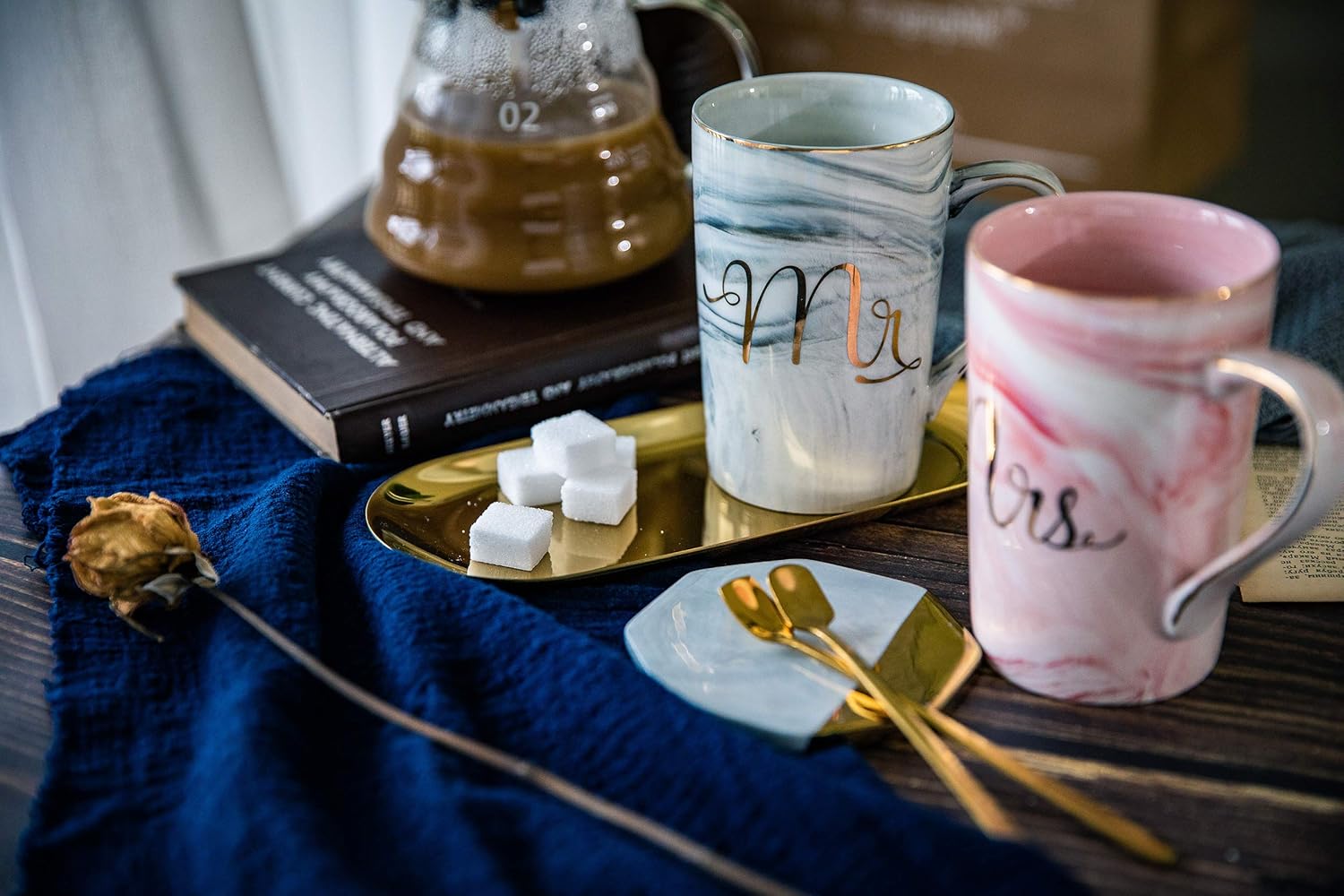 Jumway Mr and Mrs Coffee Mugs – Wedding Gifts for Bride and Groom – Gifts for Bridal Shower Engagement Wedding and Married Couples Anniversary – Ceramic Marble Cups 14 Oz Pink