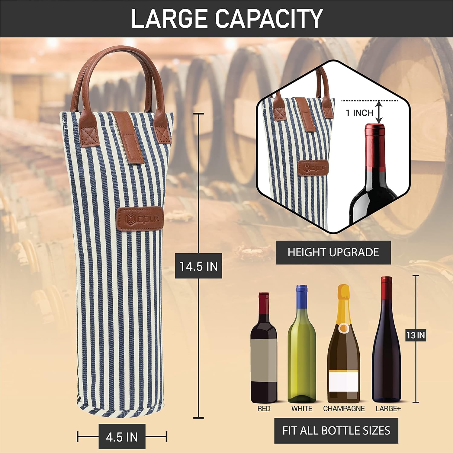 opux Wine Bag Single Bottle Carrier Tote, Insulated Travel Wine Cooler Bag for Picnic Beach Gift, Thermal Padded Portable One Bottle Holder Carrying Case for Women Men Wine Lovers, Navy White Stripes