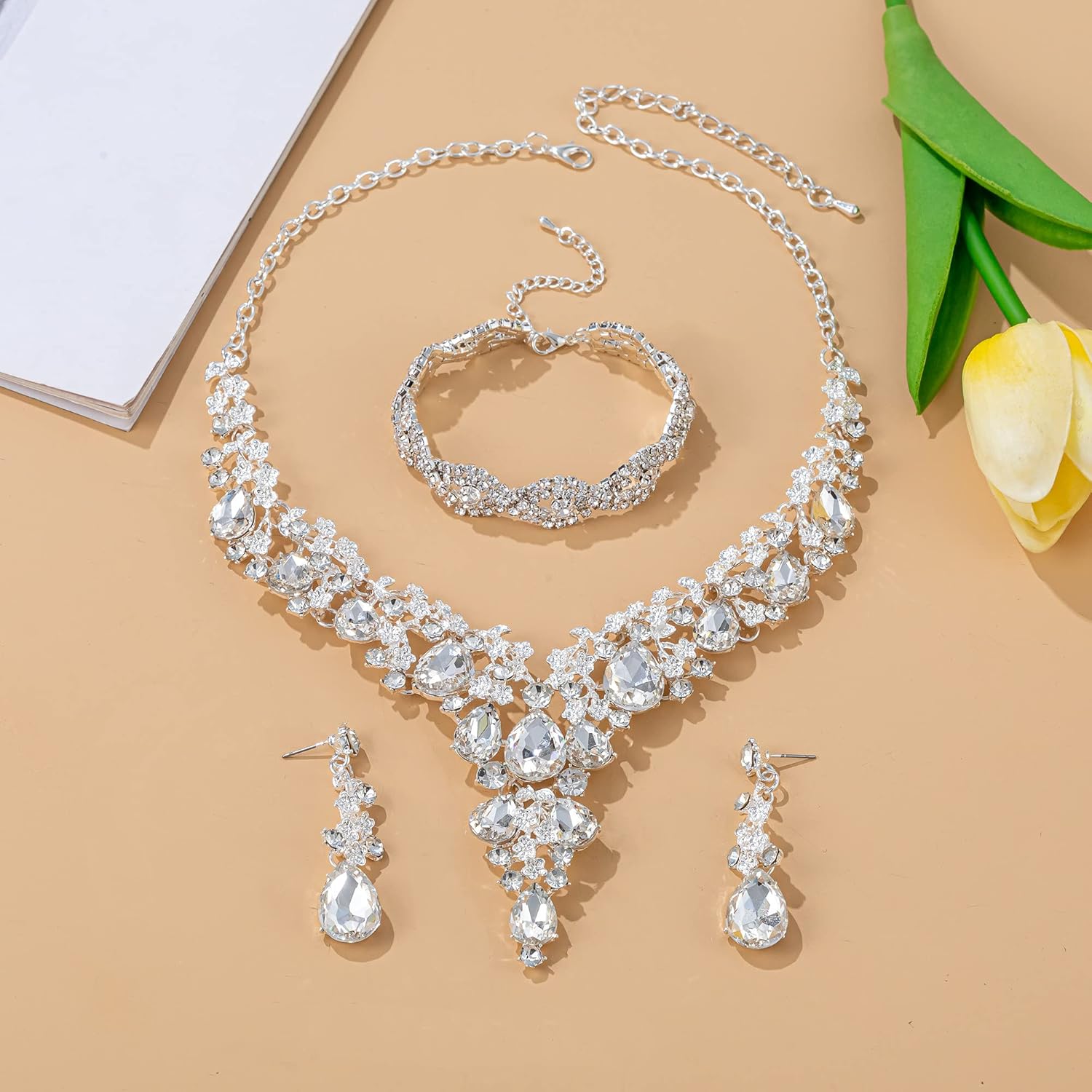 Wedding Bridal Bridesmaid Austrian Crystal Rhinestone Jewelry Sets Statement Choker Necklace Earrings Bracelets Sets for Wedding Party Prom