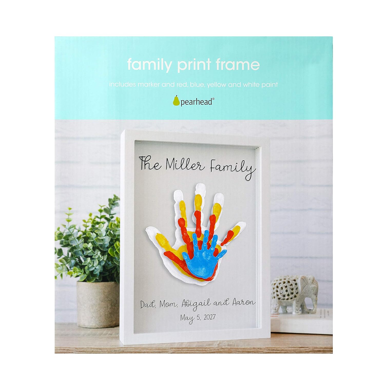 Pearhead Clear Family Handprint Frame, DIY Art Print Keepsake, Home Decor, Gift for New and Expecting Parents, 4 Paint Colors Included