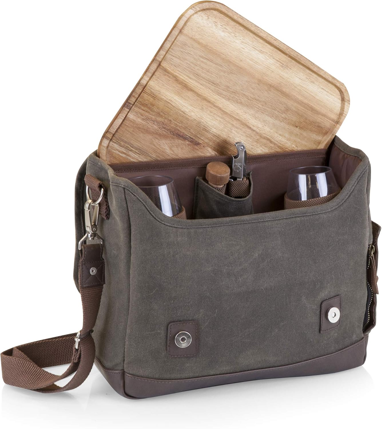 LEGACY – a Picnic Time Brand Adventure Wine Tote Bag with Wine Glasses and Mini Table, Khaki Green/Brown