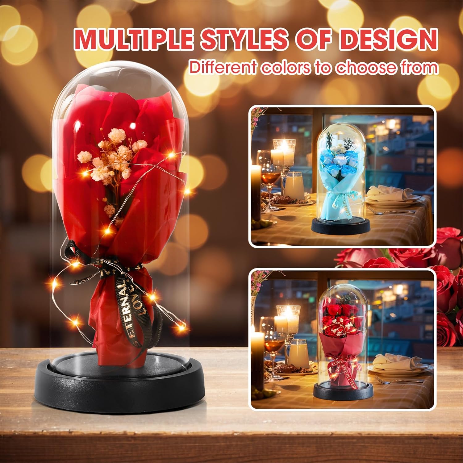 Preserved Flowers Bouquet for Her, Forever Fresh Flowers for Delivery Prime, 3 Red Roses in Glass Dome Valentines Mothers Day Gifts for Mom Wife Sister