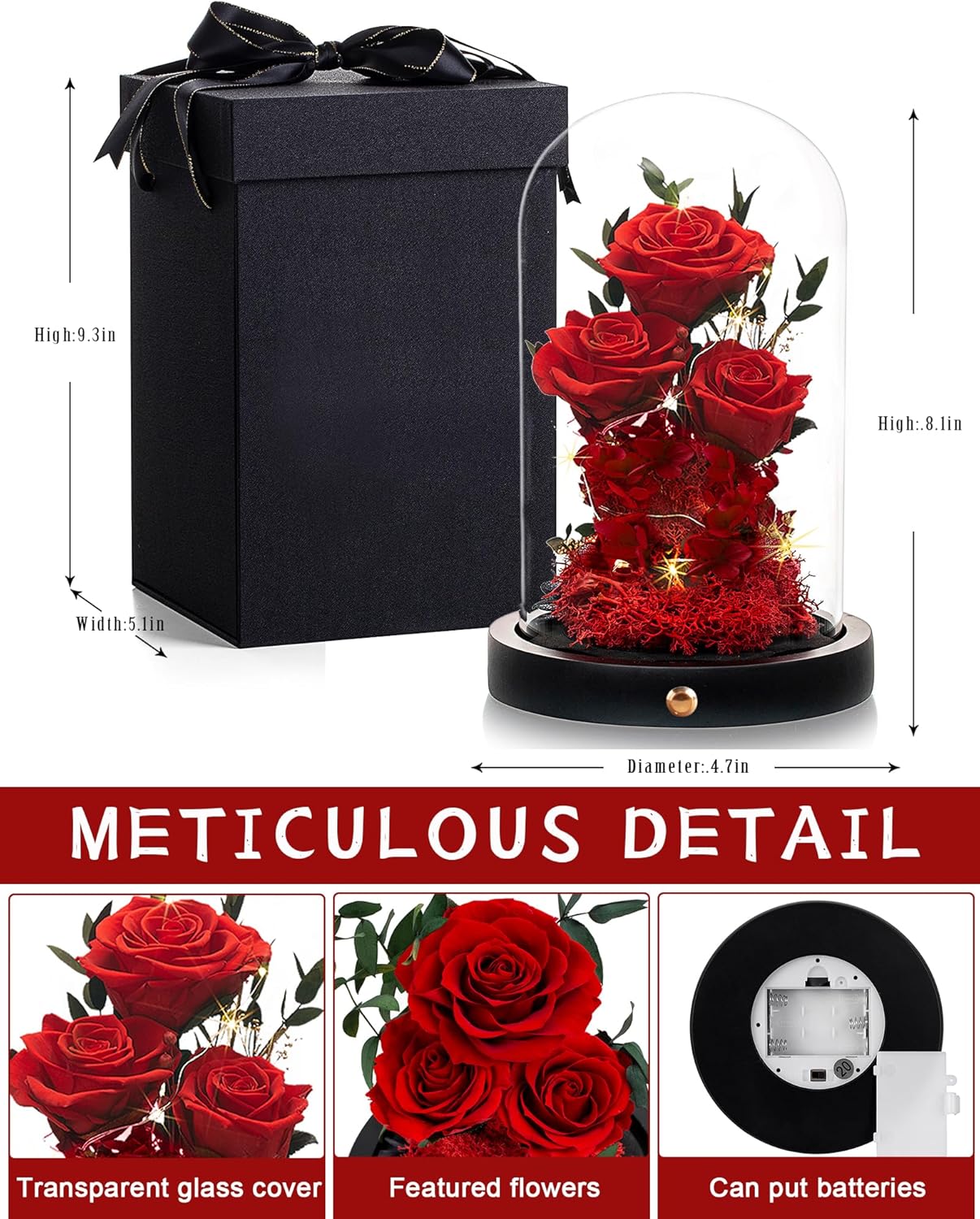 Christmas Flowers Roses Gifts for Mom,Forever Real Preserved Roses in Glass Dome,Christmas for Wife Girlfriend Women Best Friend Grandma/Red Rose