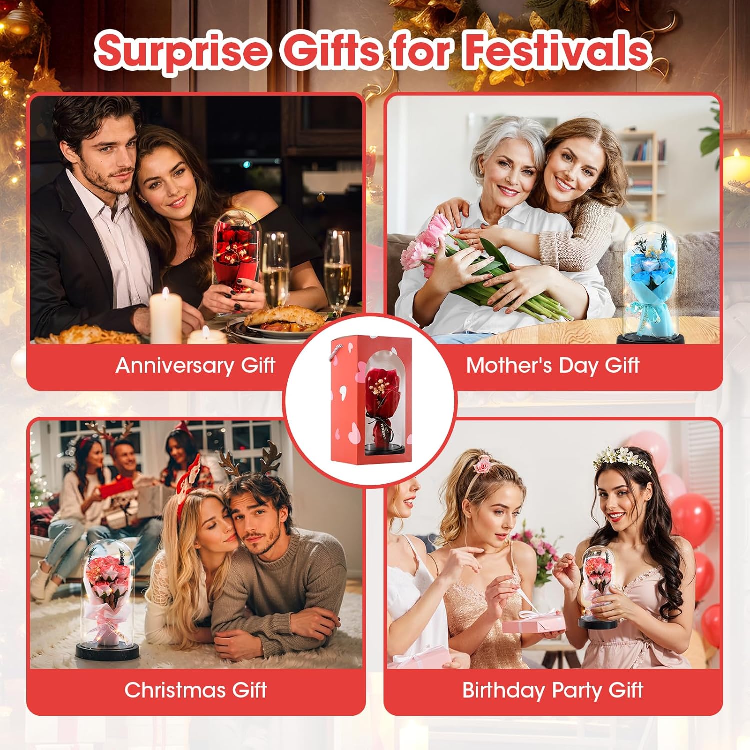 Preserved Flowers Bouquet for Her, Forever Fresh Flowers for Delivery Prime, 3 Red Roses in Glass Dome Valentines Mothers Day Gifts for Mom Wife Sister