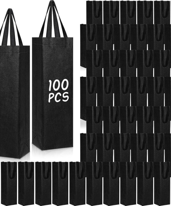 Windyun 100 Pcs Wine Gift Bags with Handle Reusable Small 13.8x3.5x3.9 Inches Liquor Bottle Totes Bulk for Birthday Wedding Christmas Holiday Party (Black)