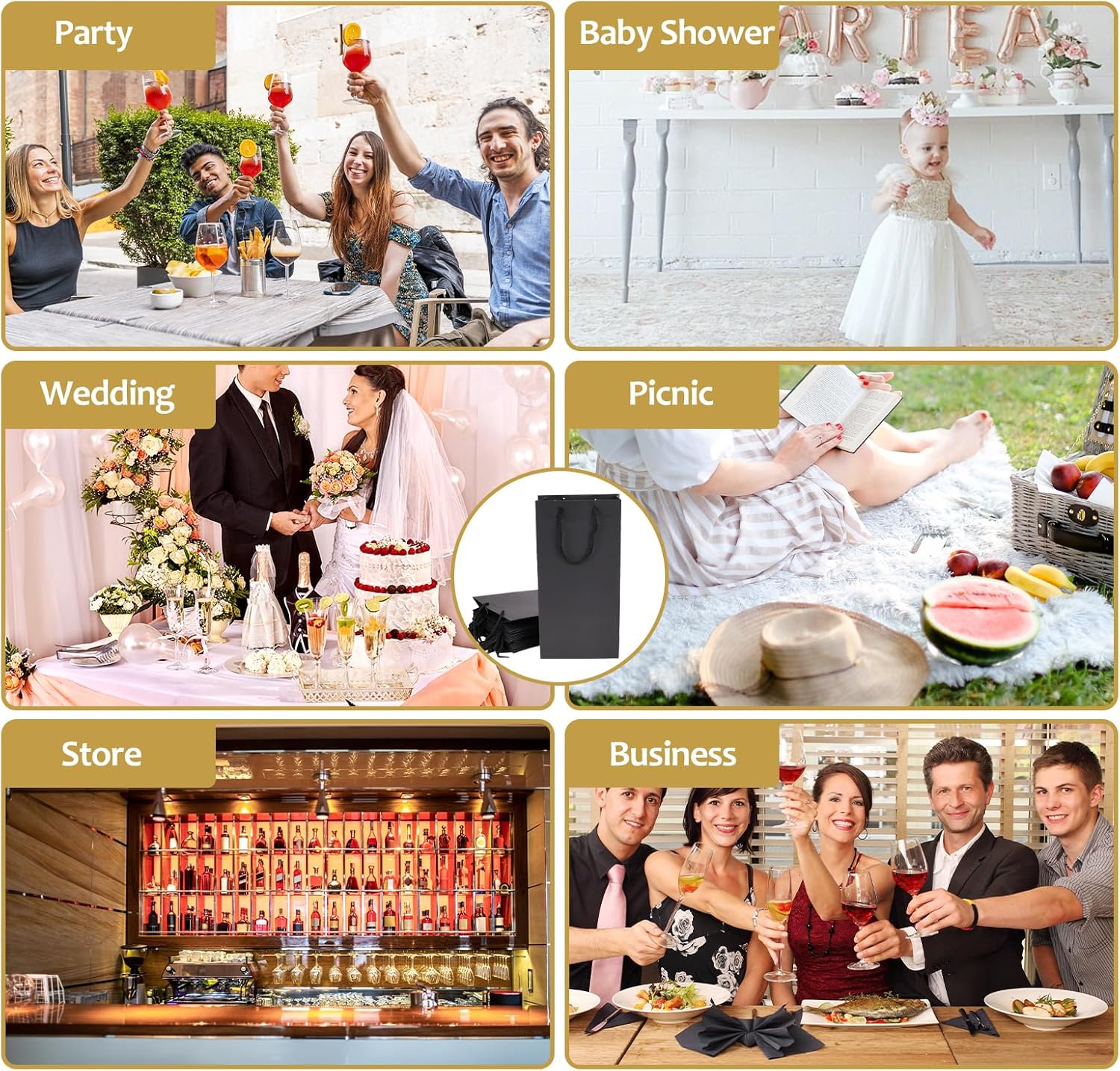 12 Pack 2 Bottles Wine Carrier Tote Holders, Black Paper Wine Champagne Gift Bottle Carrying Bags with Handles for Christmas Business Wedding Baby Shower