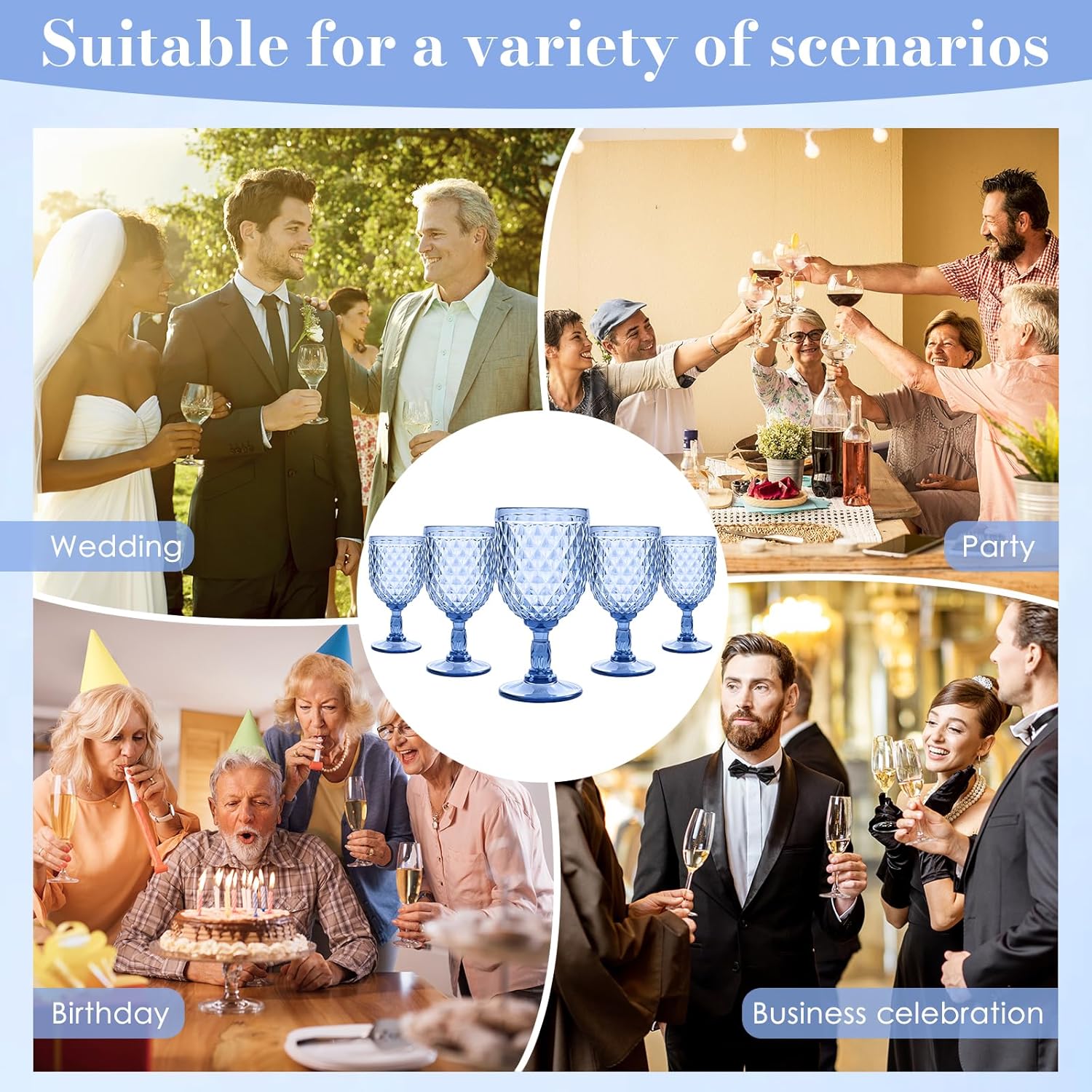 10 Pcs Blue Plastic Wine Glasses,Plastic Goblets for Parties, Sturdy and Durable Wine Glasses Can be Used for Weddings, Everyday Fun Parties and More!