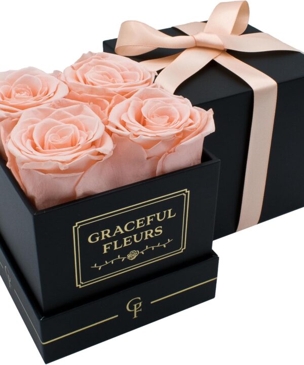Graceful Fleurs | Real Long Lasting Roses for Years | Preserved Fresh Flowers for Delivery Birthday | Birthday Gifts for Women | Forever Roses in a Box (Light Peach, Black Box, 4 Roses)