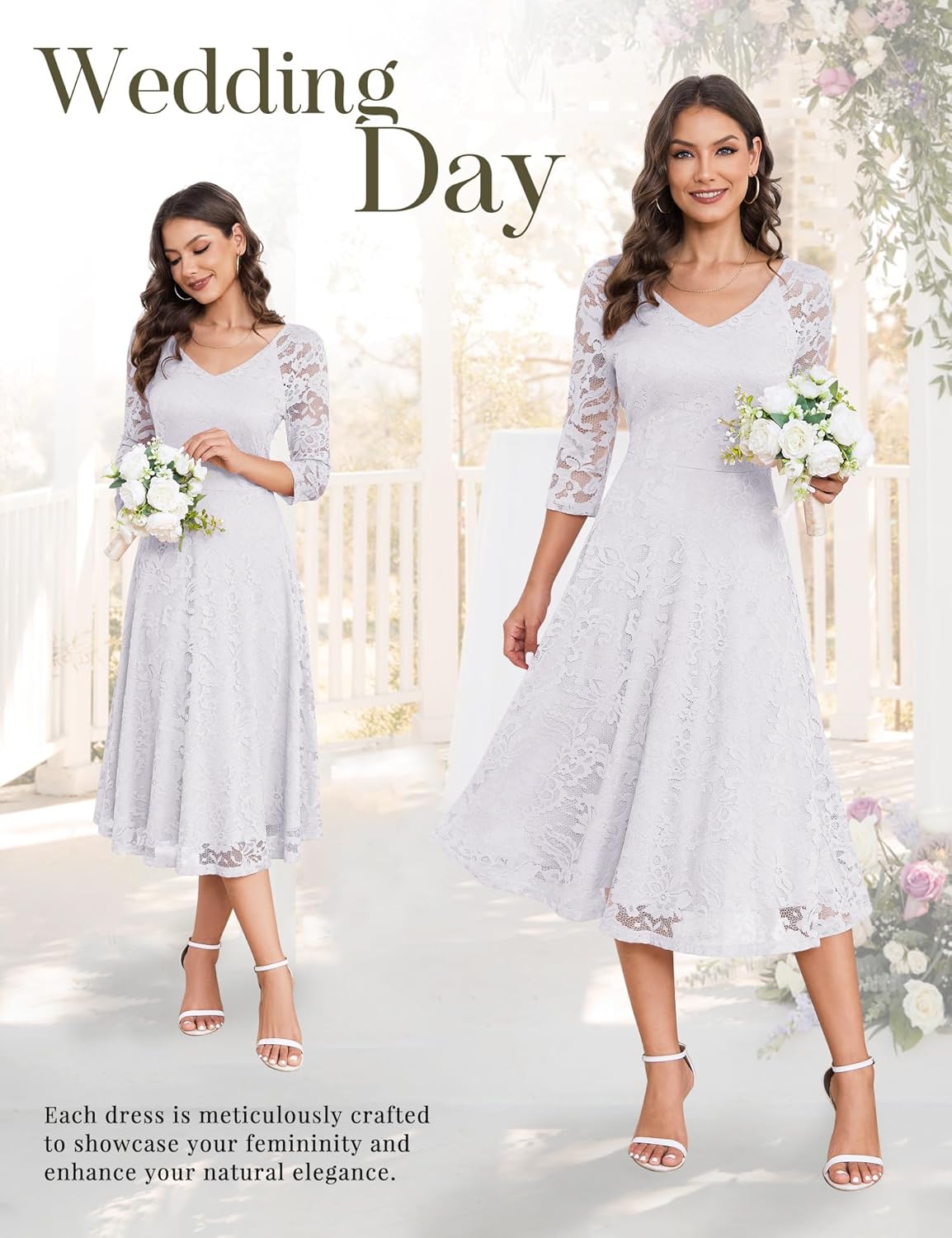 Dressystar Womens Long-Sleeve Wedding Guest Dress A-Line Lace Formal Party Cocktail Midi Dress Prom Gown