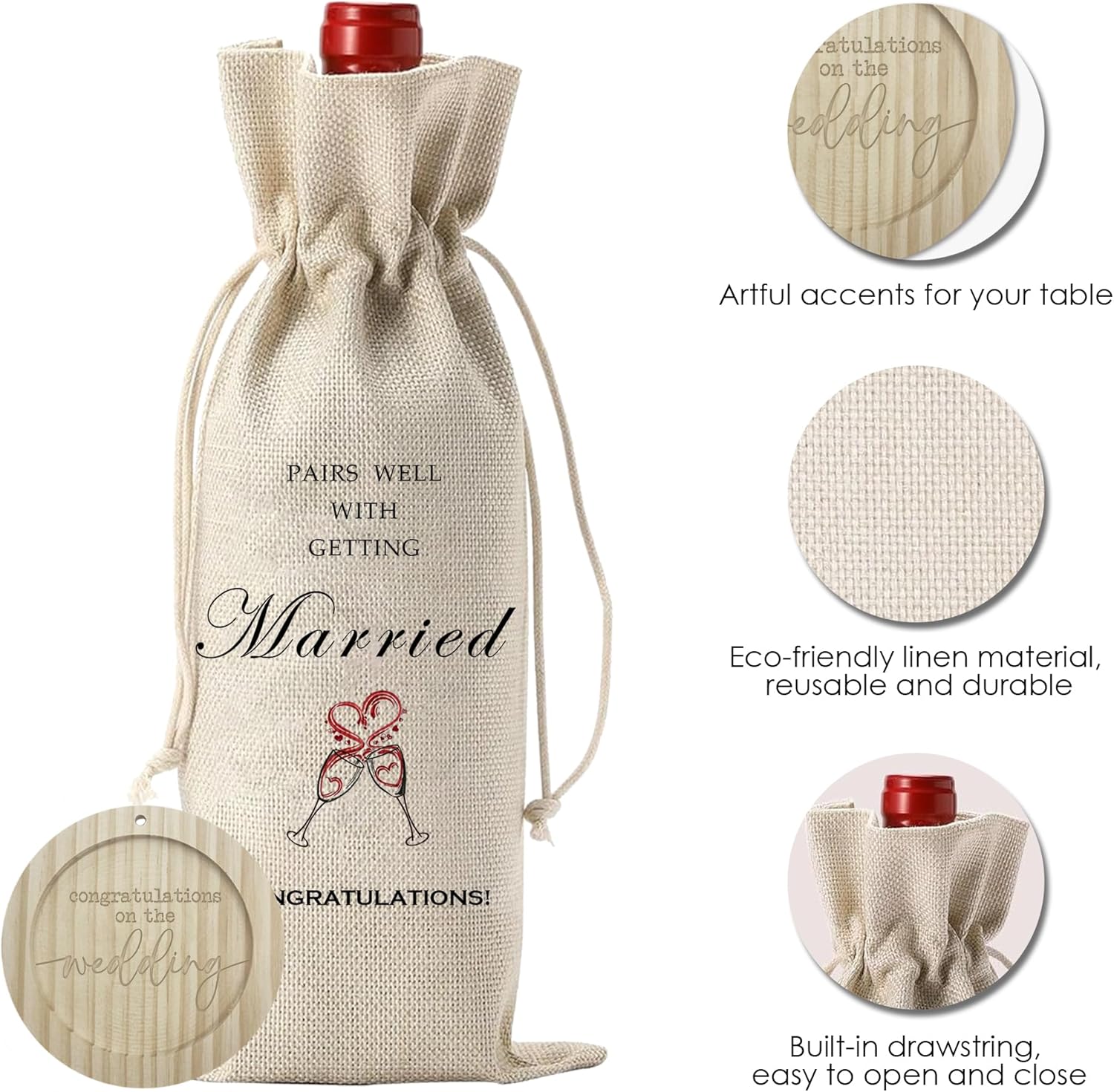 Burlap Wine Bags With Drawstrings & Wood Coaster-Pairs Well With Getting Married-Congratulations Bottle Bags For Bride & Groom-Reusable Wine Gift Bags For Bridal Shower Wedding Party Favors-A10
